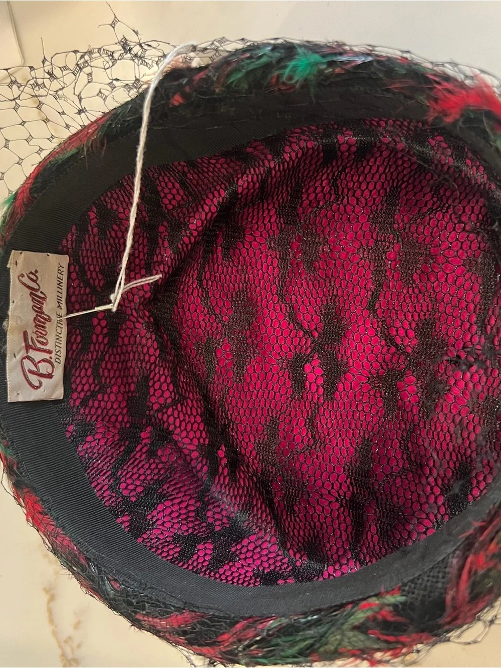 Vintage B. Forman Black Pillbox Hat with Red and Green Feather Detail and Veil